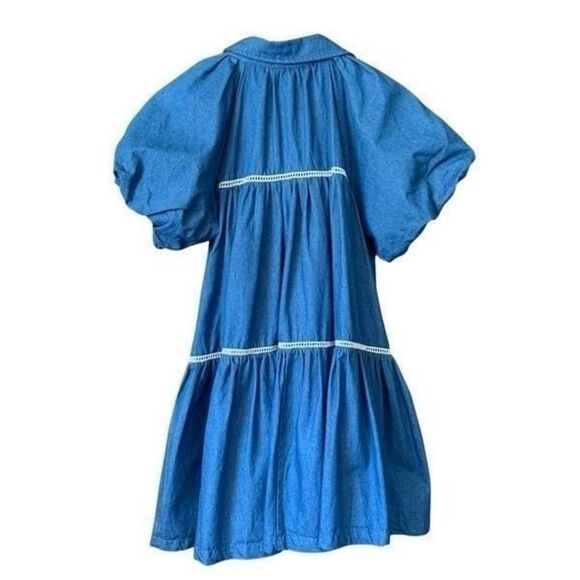 En Saison Tara Tiered Cotton Trapeze Shirtdress In Chambray Blue Size XS - Picture 5 of 12